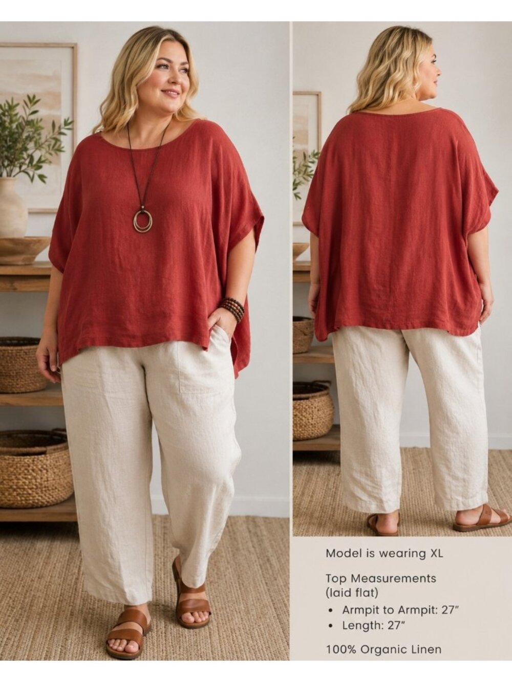 Eileen Fisher XL Rust Red 100% Organic Linen Boxy Dolman Top Lagenlook Oversized